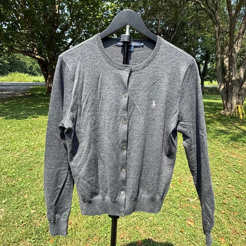 Ralph Lauren Sport Womens XL Grey 100% Merino Wool Button Front Cardigan Sweater